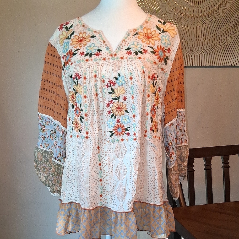John Mark Multicolor Floral Embroidered Blouse